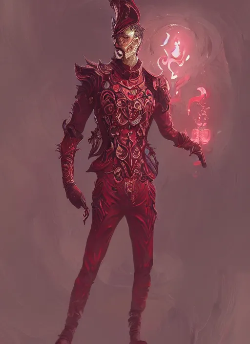 Image similar to a highly detailed illustration of short wavy haired man wearing masquerade and red and black suit, dramatic standing pose, intricate, elegant, highly detailed, centered, digital painting, artstation, concept art, smooth, sharp focus, league of legends concept art, wlop