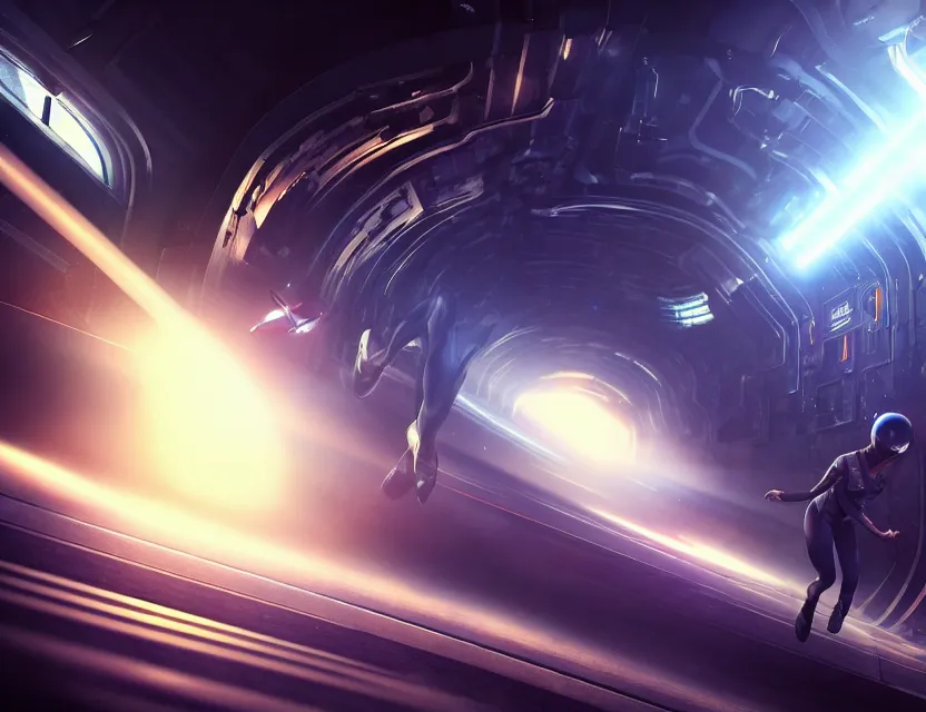 Prompt: highspeed hyper jump in space accelerated movement in the tunnel blurry forward movement glowing beams of light, hyper details, 4 k realistic, cryengine, realistic shaded lighting poster by artgerm, ross tran, fuji choko, 8 k resolution, trending on artstation, luxury