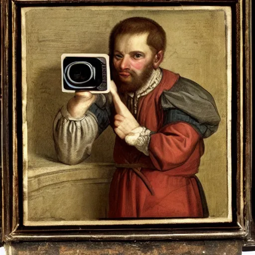 Image similar to a picture of a man holding a digital camara in the year 1 6 0 0, realism, highly detailed,