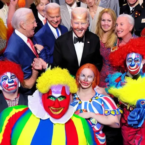 Prompt: A grand circus with Joe Biden in the middle wearing clown costume and colorful clown makeup