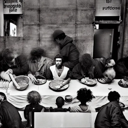 Prompt: Award Winning Editorial wide-angle picture of a Tramps in a new York Soup Kitchen by David Bailey and Lee Jeffries, The Last Supper
