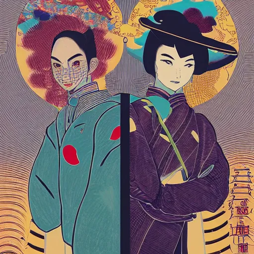 Image similar to portrait of two characters in the style of genshin impact art style and victo ngai