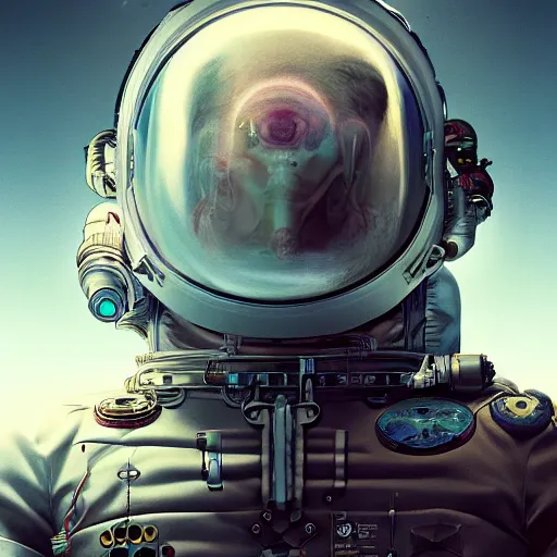 Image similar to biopunk astronaut cyborg awakening highly detailed anatomy in the style of beeple, award winning, cg society, photorealistic, hyperrealism