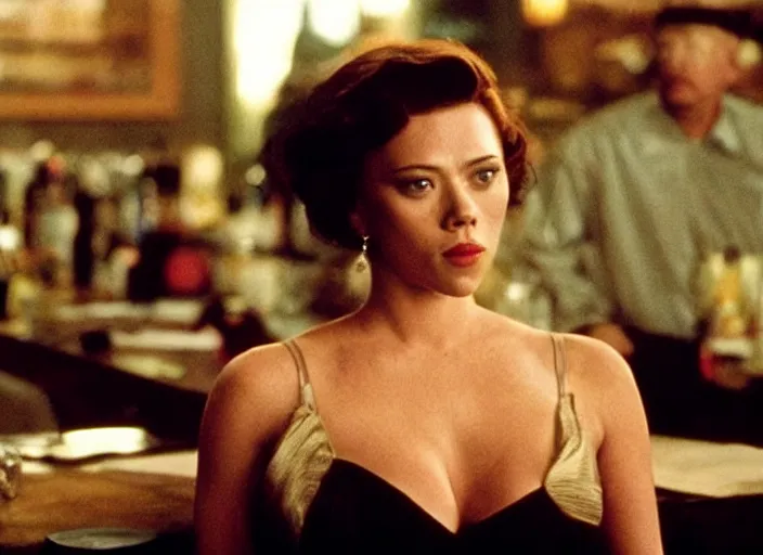 Image similar to movie still of a scarlett johannson with a very big bust in goodfellas, directed by martin scorsese