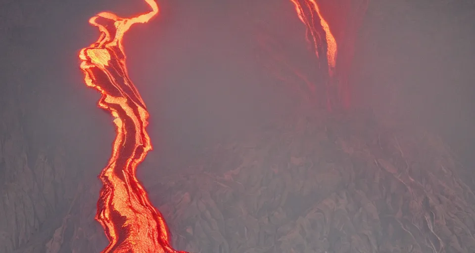 Image similar to a volcano made of ivory vines and crimson rocks enters in eruption, it spits a smoke in the shape of demonic eye, by Jesper Esjing