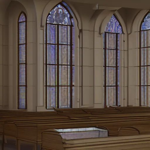 Prompt: vaporwave chapel, liminal space, high detail, rendered in unreal engine, 3d render, god rays, volumetric lighting, large windows, vegetation