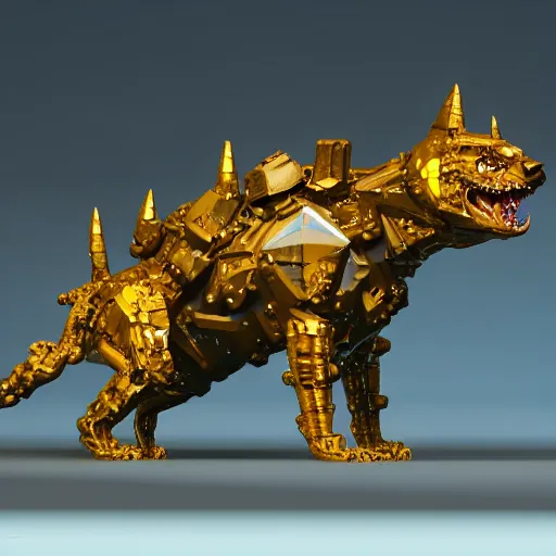 Prompt: hybrid of a cyborg dog and a diamond crystal golem kaiju, ultra detailed, 8 k, rule of thirds, professional lighting, unreal engine.