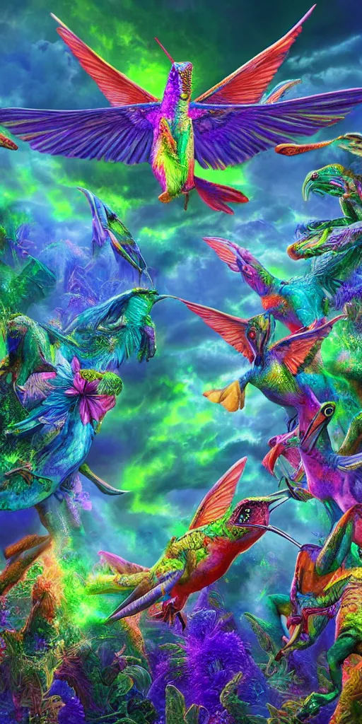 Prompt: psychedelic dinosaurs, four - dimensional hummingbirds, color, consciousness, and the dazzling universe of tetrachromacy, ambient occlusion, vray render,