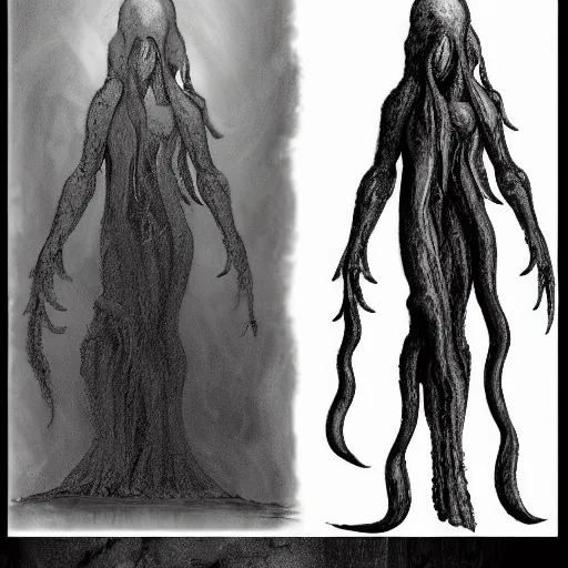 Image similar to concept designs for an ethereal wraith like figure with a squid like parasite latched onto its head and long tentacle arms that flow lazily but gracefully at its sides like a cloak while it floats around a forgotten kingdom in the snow searching for lost souls and that hides amongst the shadows in the trees, this character has hydrokinesis and electrokinesis for the resident evil village video game franchise with inspiration from the franchise Bloodborne and the mind flayer from stranger things on netflix