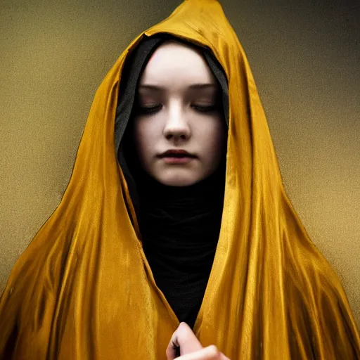 Image similar to a portrait of a young woman wearing a long dark cloak, hood and shadows covering face, holding golden chains, oil painting, matte painting, black background, Volumetric Golden dappled dynamic lighting, Highly Detailed, Cinematic Lighting, Unreal Engine, 8k, HD, by Beksinski