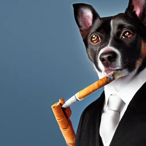 Image similar to a high detail closeup photograph of a dog wearing a suit 👔,and smoking a cigarrette🚬, award wining photograph, digital art