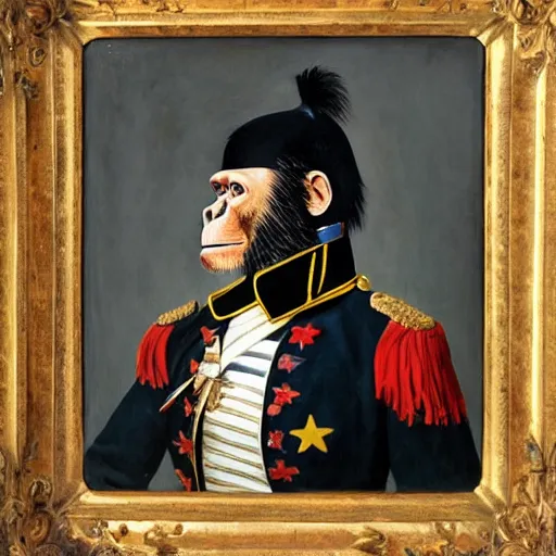 Image similar to An exquisite modern painting of a chimpanzee dressed like a bearded Napoleon with correct military uniform, no frames