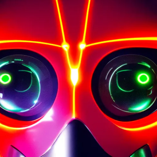 Prompt: a very detailed head of a robot in stempunk stlyle with red glowing eyes, laserbeams out of the eyes, frontshot, 8 k