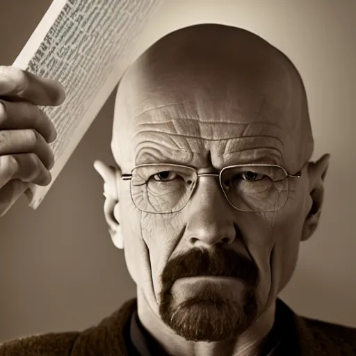 Prompt: a picture of walter white with a confused expression sitting on a toilet, reading a book