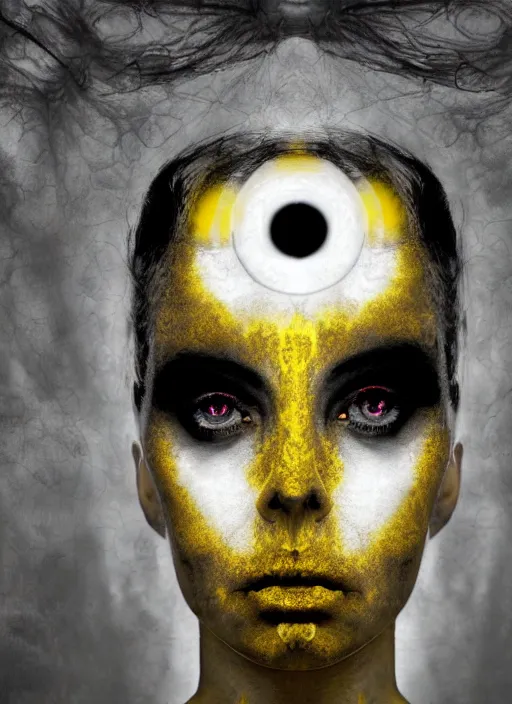 Image similar to dramatic yellow matte portrait painting of woman with black mandelbrot fractal instead of face, horror, body horror, dark art, 4 k, detailed, realistic, psychotic, insane, crazy, mental illness, dramatic,