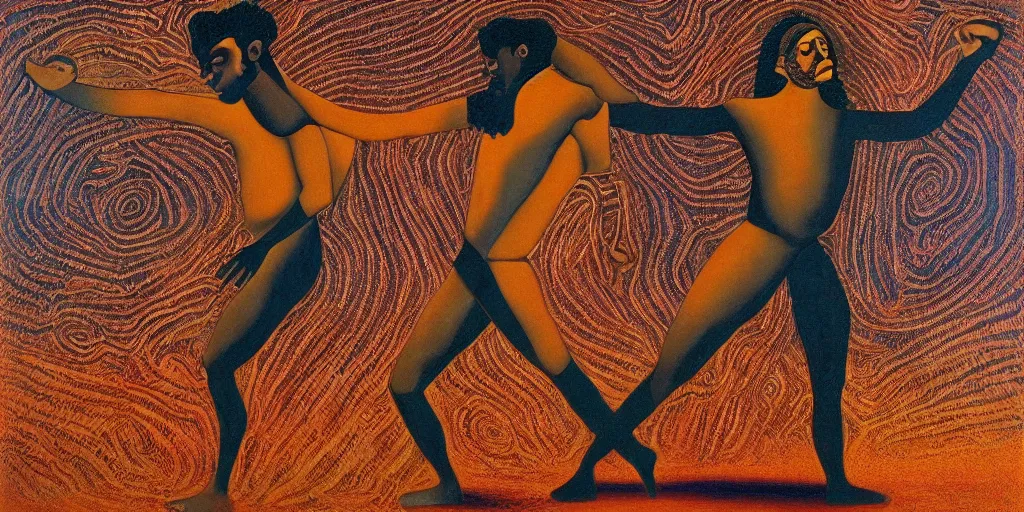 Image similar to an abstract spiritual landscape, portrait of a virile dark - skinned greek god dancing. 2 4 mm, photorealistic, muted color scheme, directed by mati klarwein