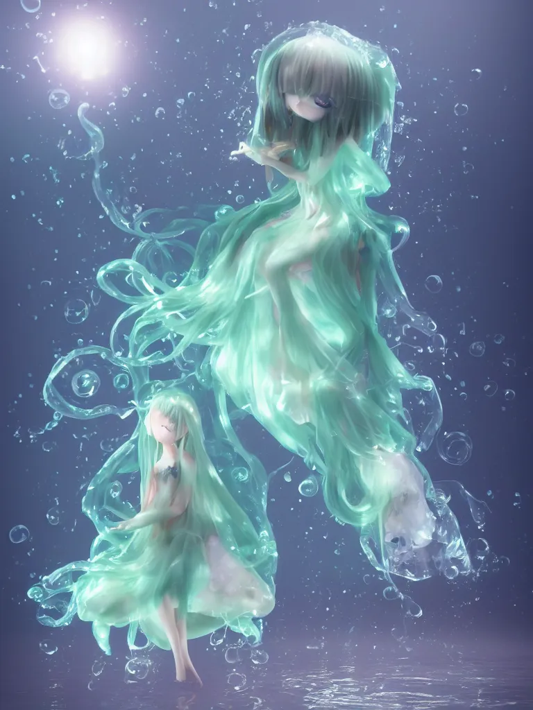 Prompt: cute fumo plush of an otherworldly translucent jellyfish goth girl floating in the deep sea, mysterious tattered maiden tendrils and dress, anime, heavy rain reflective water surface, glowing lens flare green wraith girl, wisps of volumetric fog and smoke in refracted vortices, vignette, bokeh, vray