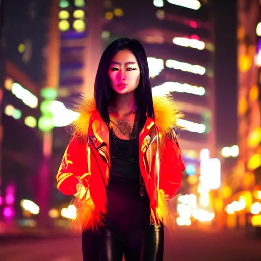 Image similar to photo portrait of an Asian woman with long Mohawk down hair wearing neon cyberpunk jacket, cinematic shot, night lighting, dslr bokeh depth of field