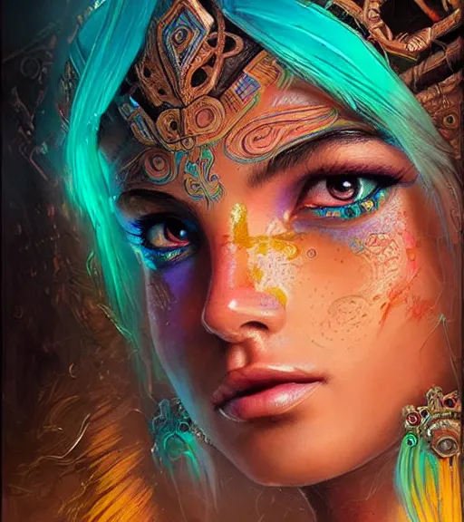 Image similar to beautiful intricate exquisite mayan princess realistic face, beautiful eyes, neon colors, drawing, in the style of greg rutkowski, fantasy, amazing detail, epic, intricate, elegant, smooth, sharp focus