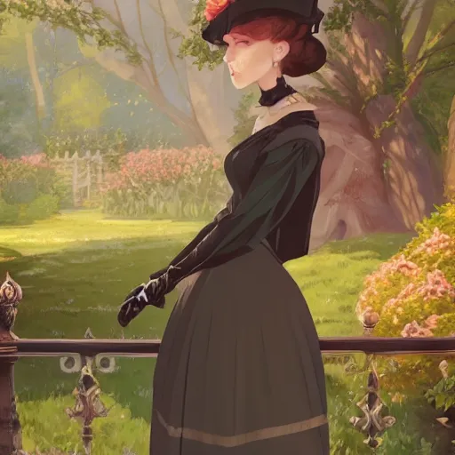 Image similar to a beautiful woman in victorian era fashion, royal garden landscape, 4k, anime key visual, lois van baarle, ilya kuvshinov, rossdraws, artstation