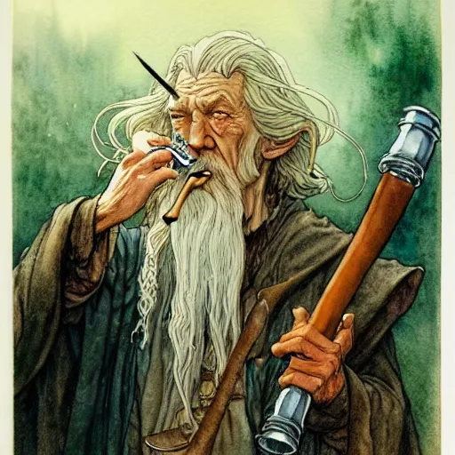 Image similar to a realistic and atmospheric watercolour fantasy character concept art portrait of gandalf with bloodshot eyes smoking a pipe looking at the camera by rebecca guay, michael kaluta, charles vess and jean moebius giraud