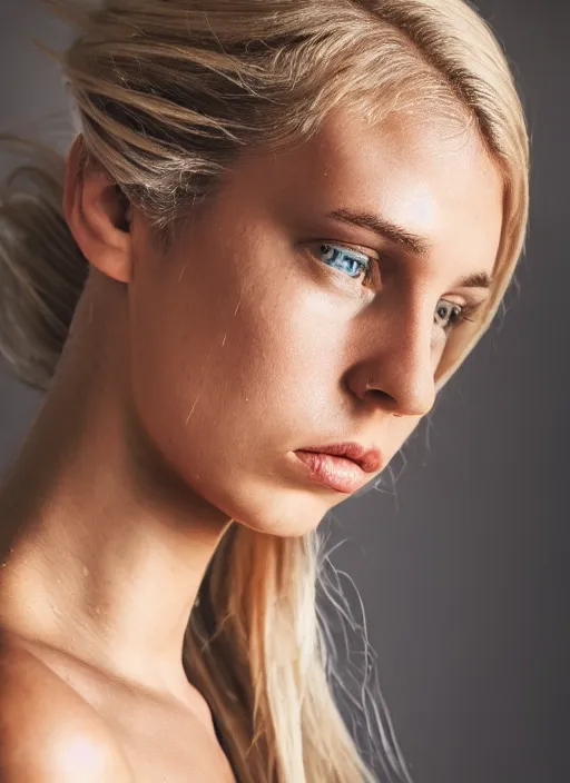 Image similar to stylistic photograph of an olive skinned blonde female model in her twenties, her hair pinned up, wearing a designer top, looking content, focused on her neck, photo realistic, extreme detail skin, natural beauty, no filter, slr, golden hour, 4 k, high definition, selfie
