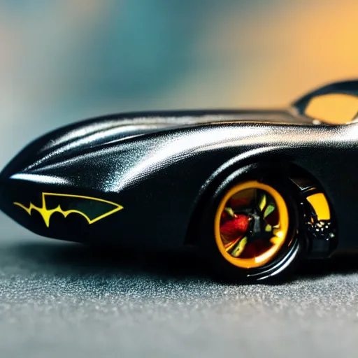 Image similar to 5 5 mm photo of metallic black batman car like hot wheels model with a batcave as background