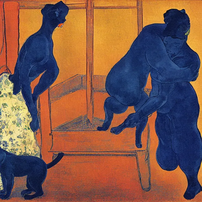 Image similar to couple under a baldachin. deep indigo blue colors, fuzzy black cat. henri de toulouse - lautrec, utamaro, emil nolde, matisse, rene magritte