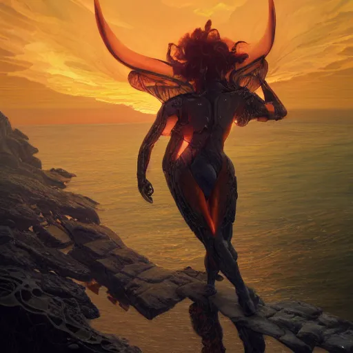 Prompt: illuminated tron wings in front sunset, cliffside ocean scene, backlit, diffuse lighting, hyper realistic, elegant, intricate, hyper detailed, smooth, sharp focus, concept art, illustration, trending on artstation, art by artem demura, greg rutkowski, james gurney, and alphonse mucha