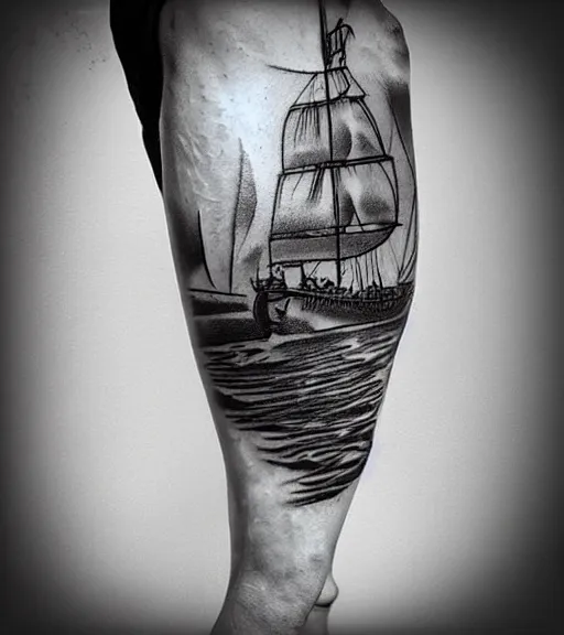 Image similar to A realistic tattoo design sketch of a pirate ship, white background, black and white, highly detailed tattoo, shaded tattoo