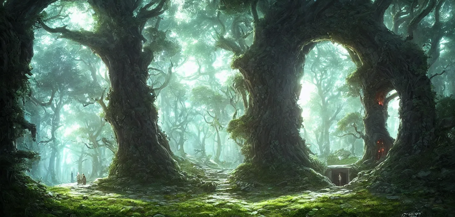 Image similar to fantasy magical fairytale portal in the forest round stone portal teleport in trees to other worlds fantastic landscape, by greg rutkowski