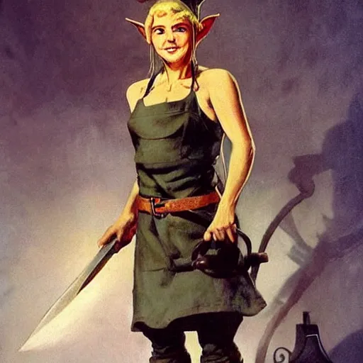 Prompt: determined elf woman with short blonde hair wearing a kitchen maid's uniform while holding a chef's knife and standing in the rain, fantasy character portrait by Frank Frazetta