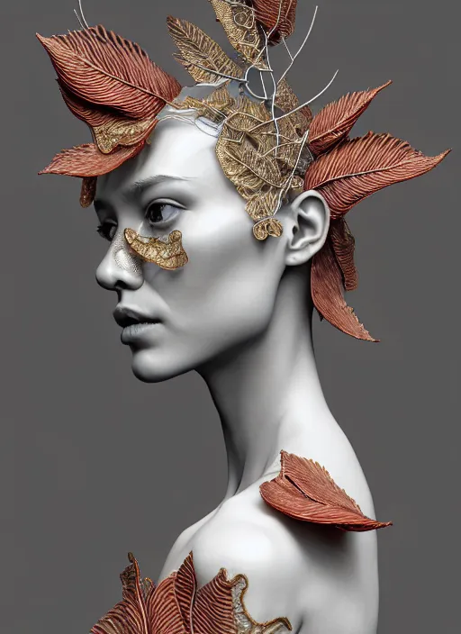 Prompt: complex 3d render ultra detailed of a beautiful porcelain profile woman face, mechanical vegetal cyborg, 150 mm, beautiful studio soft light, rim light, silver gold red details, magnolia big filigran leaves and stems, roots, Alexander Mcqueen haute couture, fine foliage lace, mesh wire, filigran metallic intricate details, hyperrealistic, mandelbrot fractal, anatomical, silver metal armor, facial muscles, cable wires, microchip, elegant, white background, beautiful white teeth, octane render, H.R. Giger style, 8k