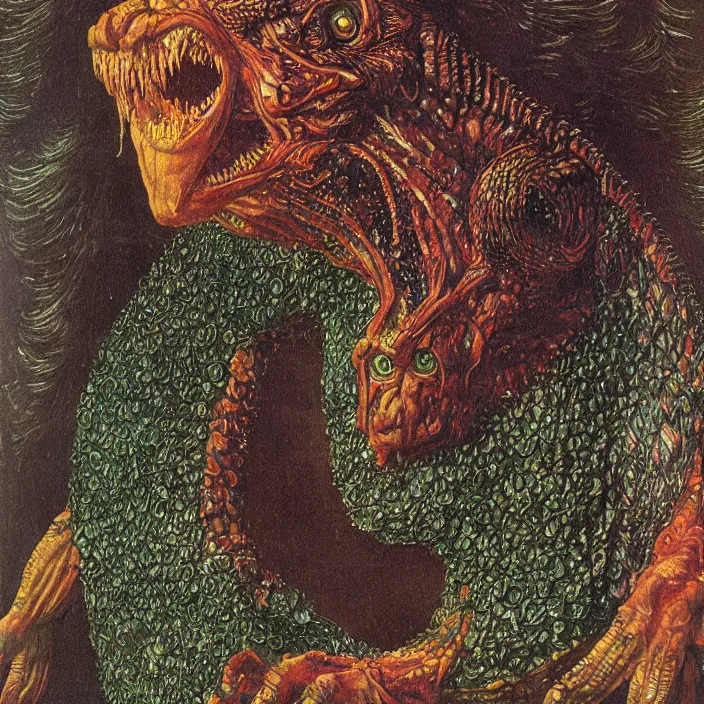 Image similar to close up portrait of an mutant monster creature with proud, reptilian allure, iridescent scales, dovish feathers, diaphanous fungic protuberances. jan van eyck