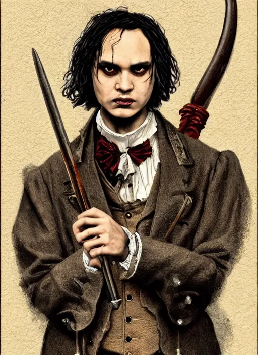 Prompt: frank dillane hunting vampires in london, victorian era, old english garb, gothic, horror, realistic, intricate, detailed, scary, beautiful, trending on artstation, masterpiece, sexy, seductive, handsome, cool, badass