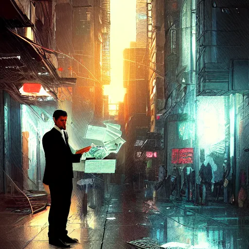 Prompt: portrait of a businessman handing the viewer an envelope, detailed digital illustration by greg rutkowski, cyberpunk back alley, nighttime