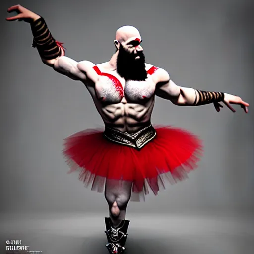 Image similar to kratos dancing ballet, wearing a tutu, ultra realistic, intricate details, highly detailed, photorealistic, octane render, 8 k, unreal engine.