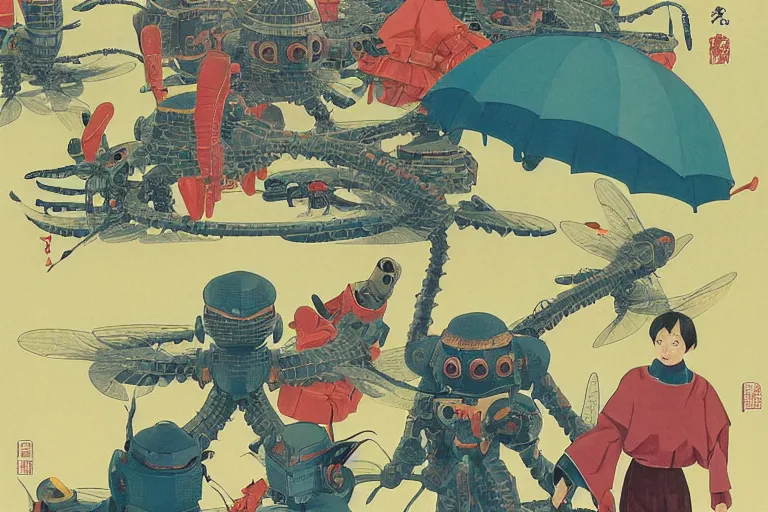 Image similar to gigantic dragonflies with human faces catch tiny robots, a lot of exotic mechas robots around, human heads everywhere, risograph by kawase hasui, dirtyrobot, edward hopper, satoshi kon and moebius, colorful flat surreal design, super - detailed, a lot of tiny details, fullshot