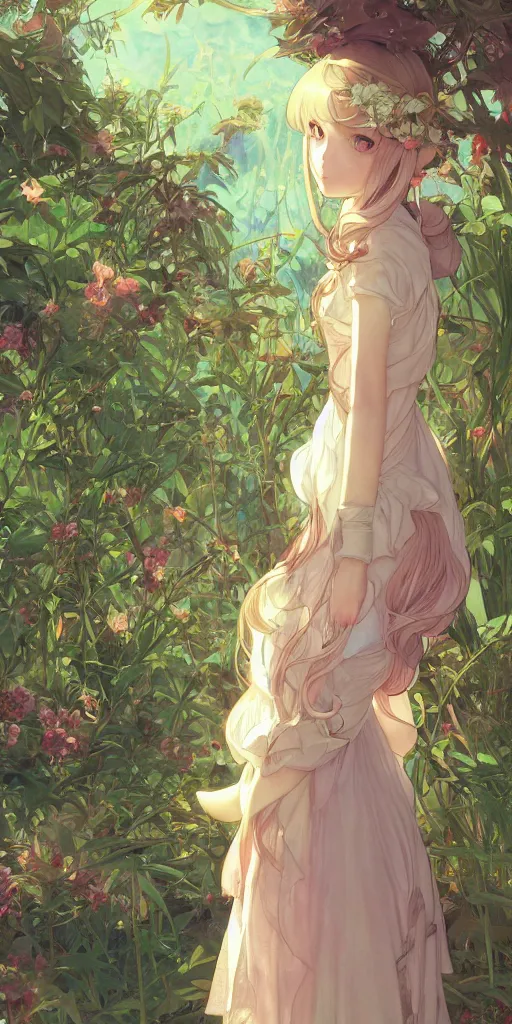 Image similar to a digital art of a loli with long hair in a dress in the privet garden at after noon, green and warm theme, back lighting, by krenz cushart and mucha and akihito yoshida and greg rutkowski and makoto shinkai, graphic design, detailed eyes, 4 k resolution, trending on art station