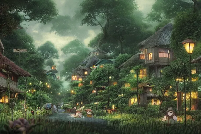 Prompt: village in my neighbor totoro ( 1 9 8 8 ), hyper realistic, ambient lighting, concept art, intricate, hyper detailed, smooth, dynamic volumetric lighting, octane, raytrace, cinematic, high quality, high resolution, 4 k, cgsociety, rutkowski, gurney