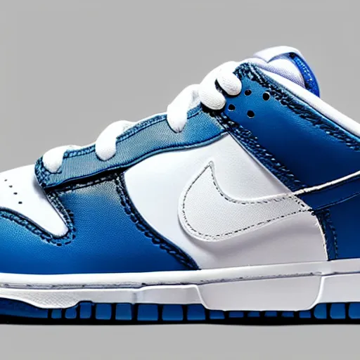 Image similar to a press photograph of nike dunk low baby blue and white, size 1 0, white background