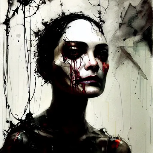 Image similar to shannyn sossamon as a beautiful cyborg, wires, skulls!! machines ( by emil melmoth zdzislaw belsinki craig mullins yoji shinkawa ) realistic render ominous detailed photo atmospheric by jeremy mann francis bacon and agnes cecile ink drips paint smears!! digital glitches glitchart!!