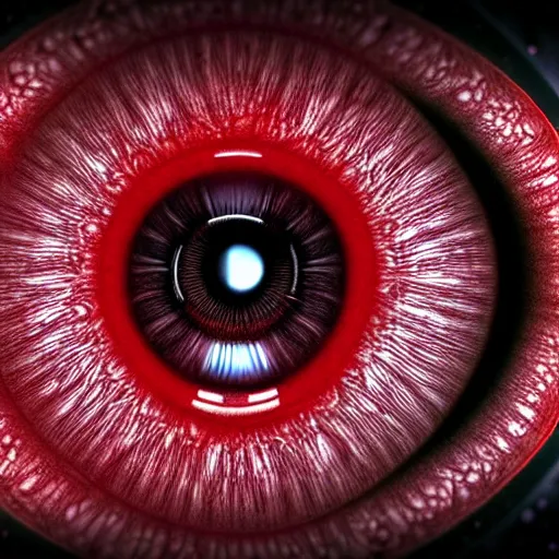 Image similar to a detailed extremely close up of inside the iris, cornea, red image, microscopic, extremely close up drawing by junji ito, cgsociety, generative art, lovecraftian, parallax, cosmic horror, extremely detailed, hyperrealism, unreal engine, octane render, award winning, masterpiece, highly detailed, realistic, 4 k, digital