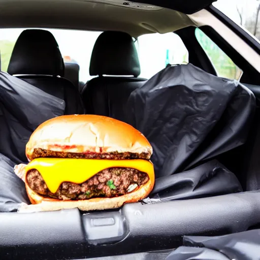 Prompt: gopro photograph of garbage bag with human face oozing goop inside car, holding cheeseburger