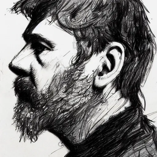 Prompt: a realistic yet scraggly portrait sketch of the side profile of a stern and sophisticated young david gilmour, trending on artstation, intricate details, in the style of frank auerbach, in the style of sergio aragones, in the style of martin ansin, in the style of david aja, in the style of mattias adolfsson