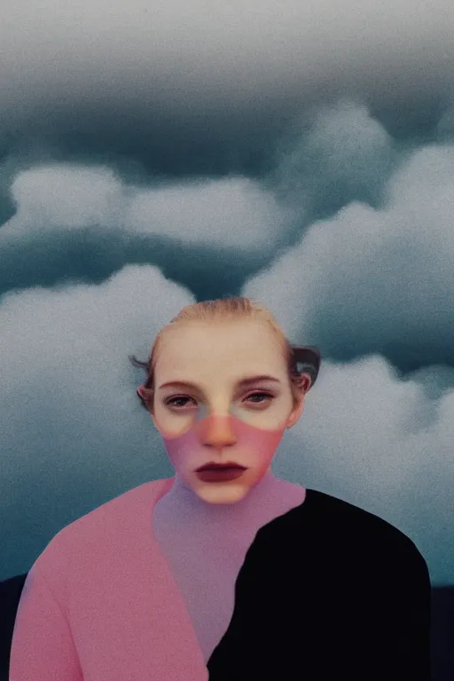 Image similar to high quality pastel coloured film close up wide angle photograph of a model wearing clothing swimming on cloud furniture in a icelandic black rock!! environment in a partially haze filled dreamstate world. three point light, rainbow. photographic production. art directed. pastel colours. volumetric clouds. pastel gradient overlay. waves glitch artefacts. extreme facial clarity. 8 k. filmic.