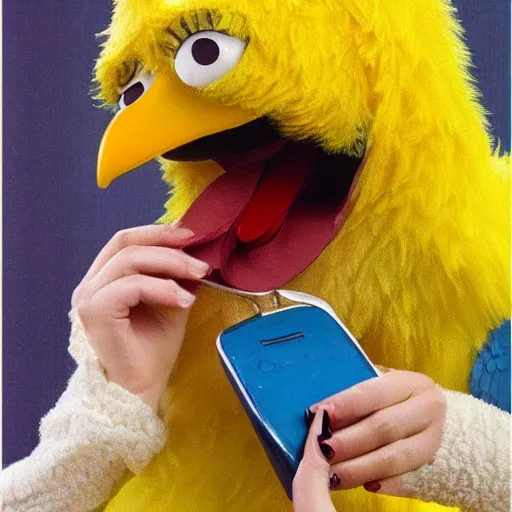 Prompt: big bird dressed as a woman crying into a telephone, sensual, realistic, moody