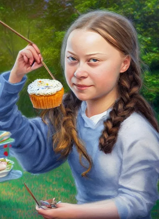 Prompt: greta thunberg eating cakes painted by thomas kinkade, detailed digital art, trending on Artstation