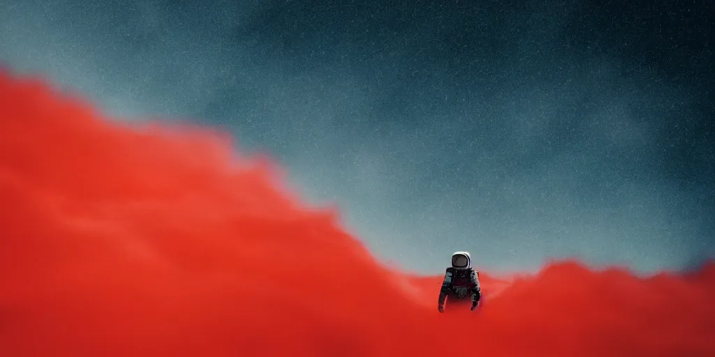 Image similar to an astronaut emerging from an ocean of red water, otherwordly sky, cinematic, 35mm, photography, High definition, 8k, detailed, deprh of field, photorealistic, epic atmosphere