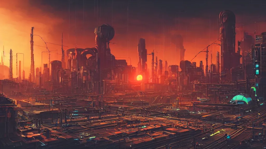 Prompt: cyberpunk industrial site. cyberpunk factories. cyberpunk city backdrop. sunset. rail tracks. cyberpunk industrial area. giant atomic bomb mushroom in background. clouddigital render. digital painting. beeple. noah bradley. cyril roland. ross tran. trending on artstation